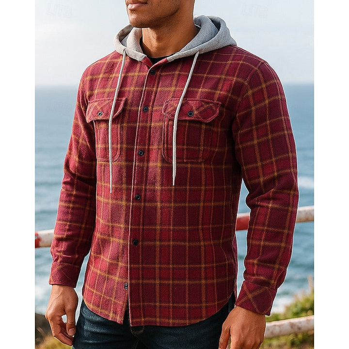 Men's Hooded Plaid Flannel Shirt Jacket - Casual, Office, Holiday Wear Red