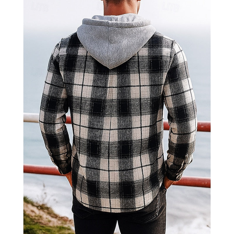 Men's Hooded Plaid Flannel Shirt Jacket - Casual, Office, Holiday Wear