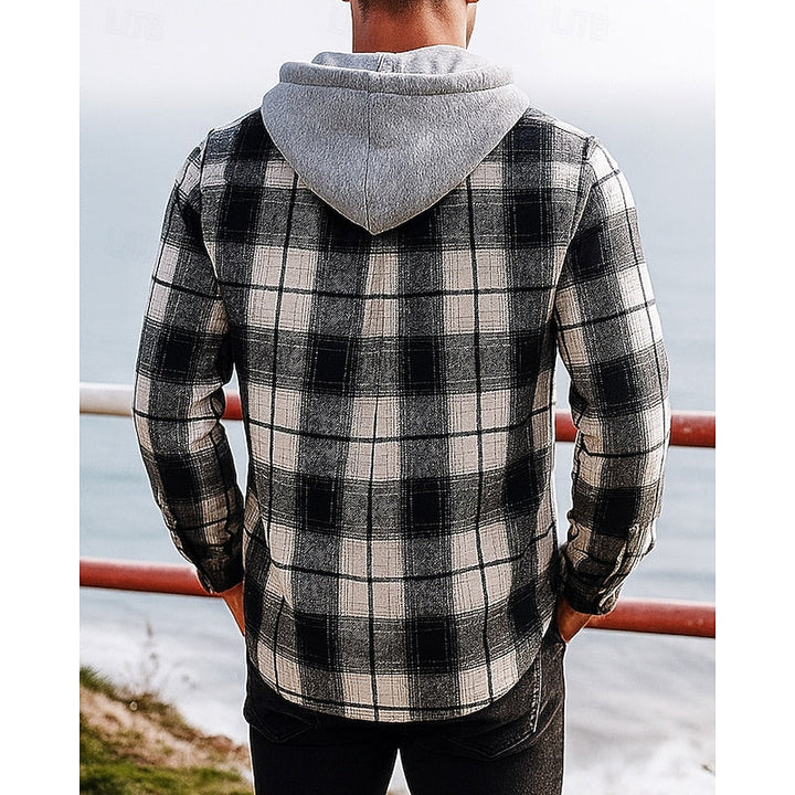 Men's Hooded Plaid Flannel Shirt Jacket - Casual, Office, Holiday Wear