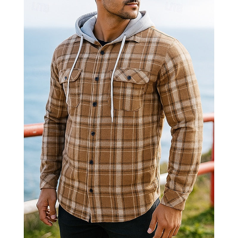 Men's Hooded Plaid Flannel Shirt Jacket - Casual, Office, Holiday Wear