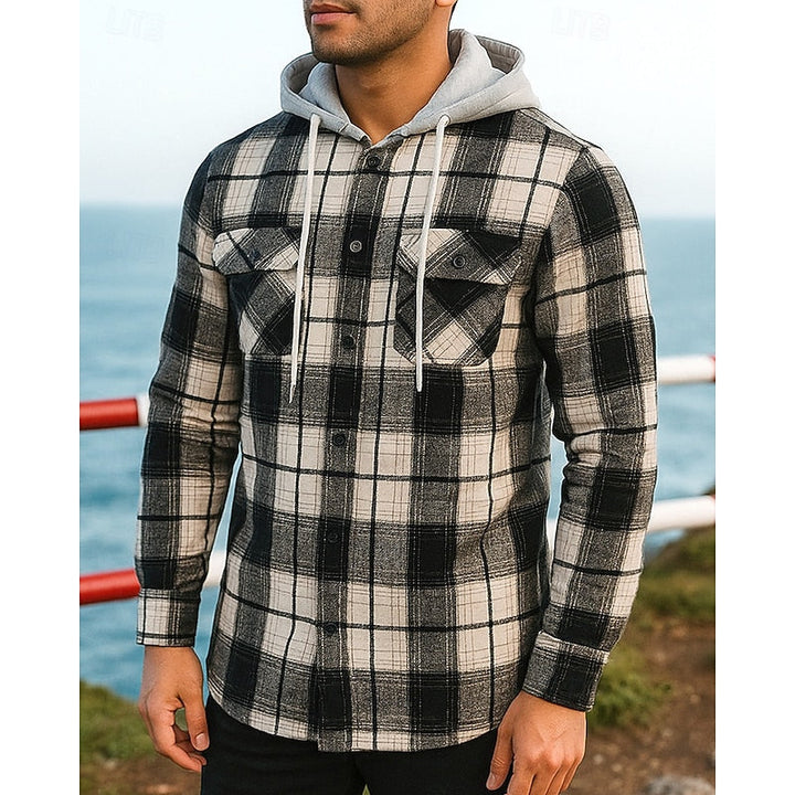 Men's Hooded Plaid Flannel Shirt Jacket - Casual, Office, Holiday Wear Black