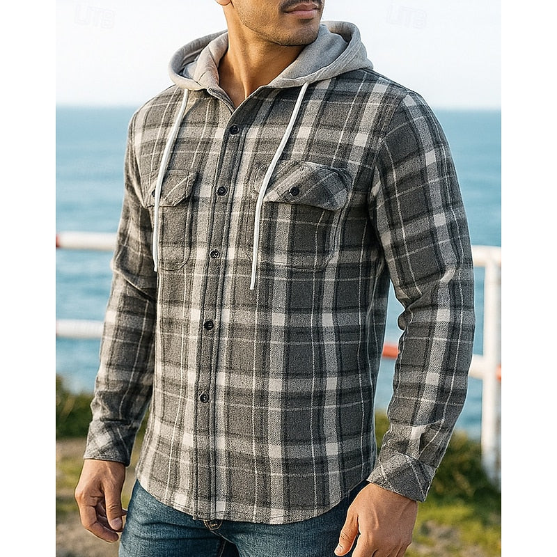 Men's Hooded Plaid Flannel Shirt Jacket - Casual, Office, Holiday Wear Grey