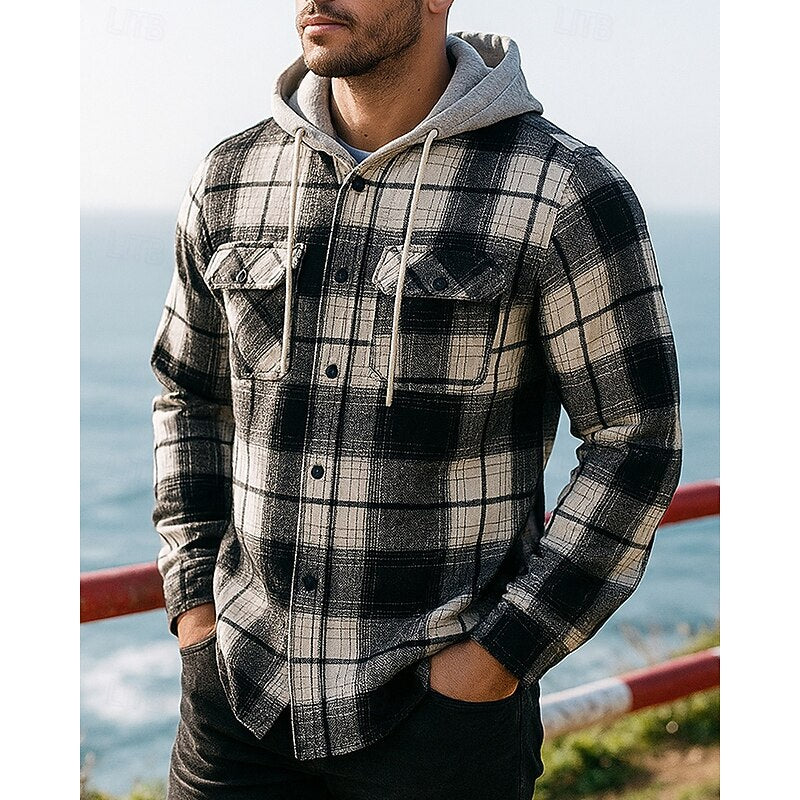 Men's Hooded Plaid Flannel Shirt Jacket - Casual, Office, Holiday Wear
