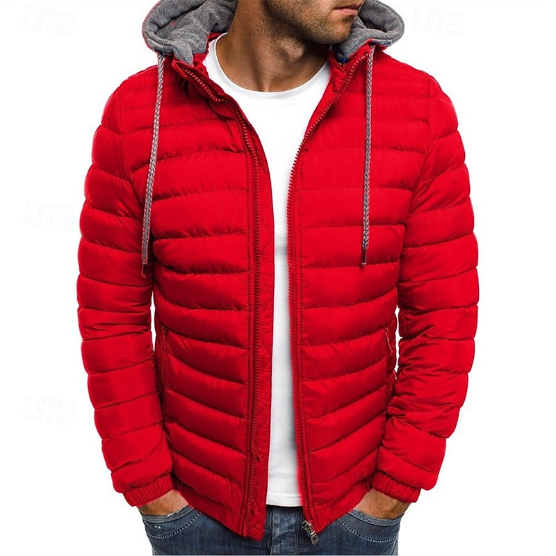 Men's Hooded Puffer Jacket Quilted Zip-Up Winter Coat – Casual & Warm Red
