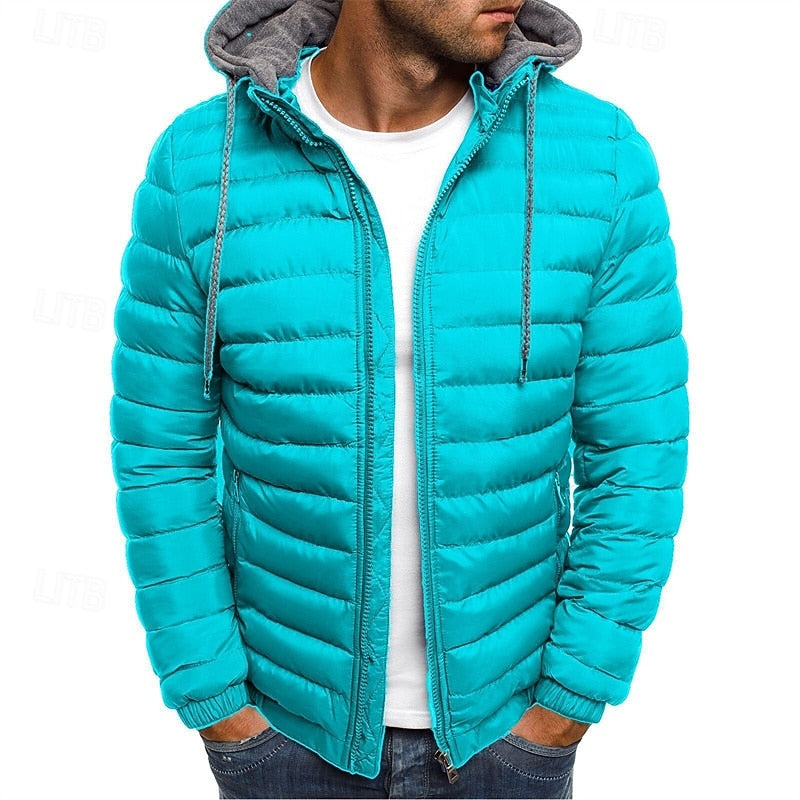 Men's Hooded Puffer Jacket Quilted Zip-Up Winter Coat – Casual & Warm Sky Blue