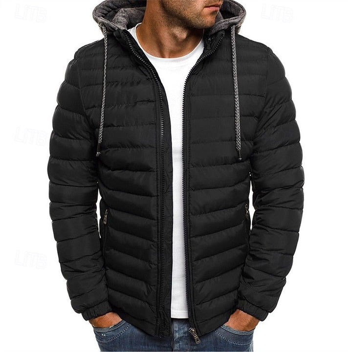 Men's Hooded Puffer Jacket Quilted Zip-Up Winter Coat – Casual & Warm Black