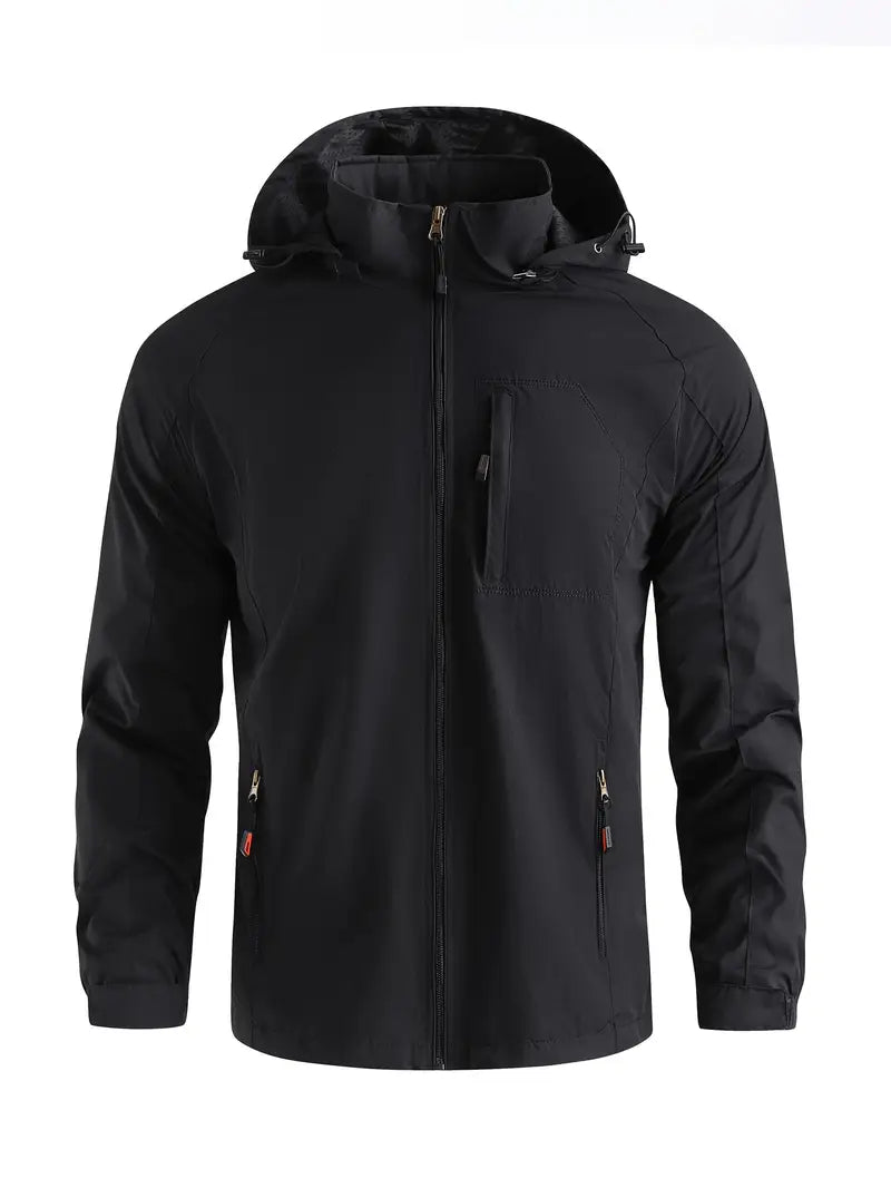 Men's Lightweight Hooded Windbreaker Jacket with Zip Pockets for Outdoors