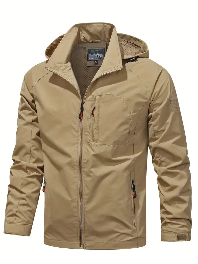 Men's Lightweight Hooded Windbreaker Jacket with Zip Pockets for Outdoors Khaki