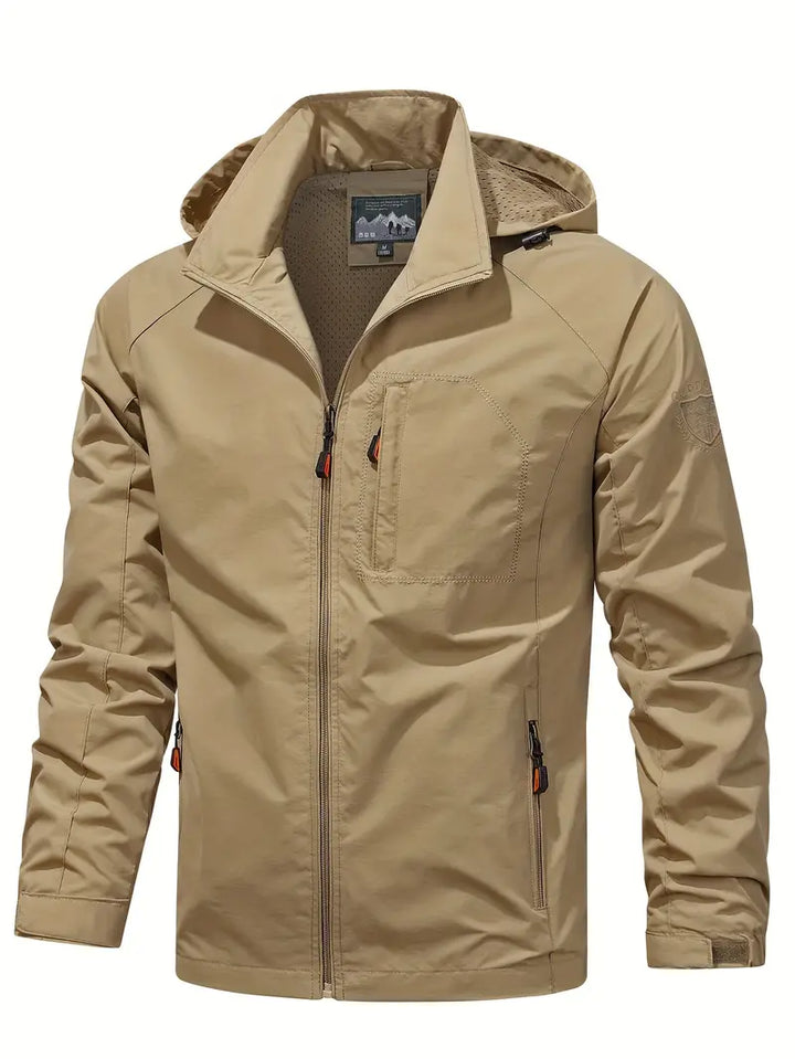 Men's Lightweight Hooded Windbreaker Jacket with Zip Pockets for Outdoors Khaki