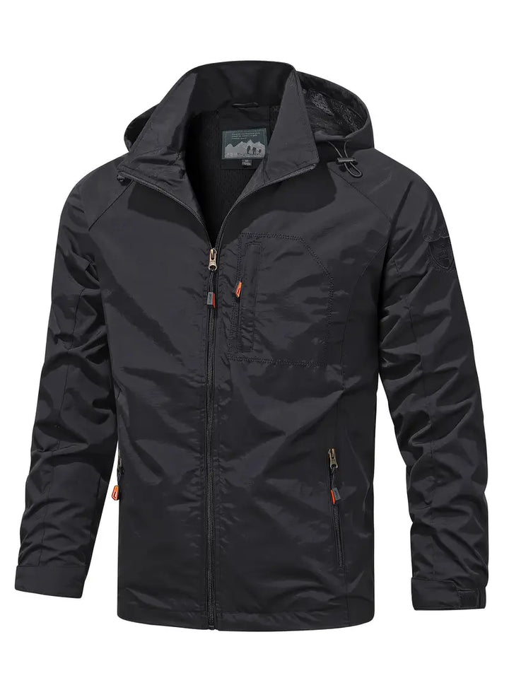 Men's Lightweight Hooded Windbreaker Jacket with Zip Pockets for Outdoors Black