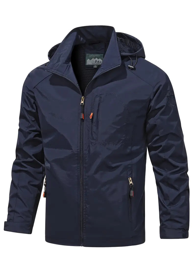 Men's Lightweight Hooded Windbreaker Jacket with Zip Pockets for Outdoors Navy