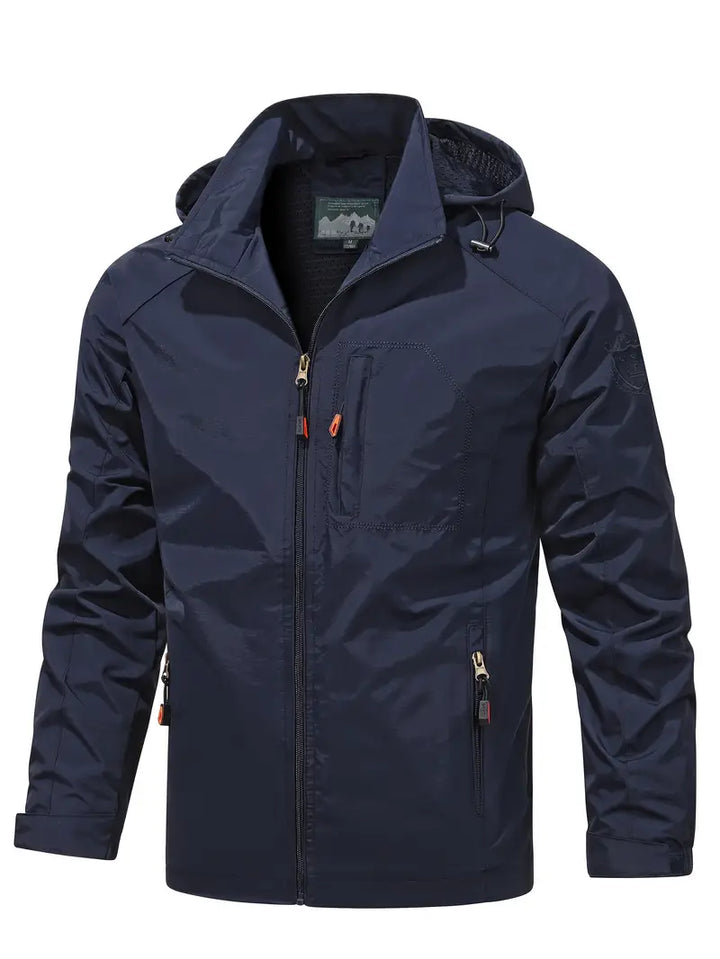 Men's Lightweight Hooded Windbreaker Jacket with Zip Pockets for Outdoors Navy
