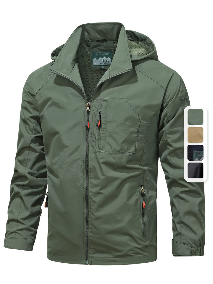 Men's Lightweight Hooded Windbreaker Jacket with Zip Pockets for Outdoors
