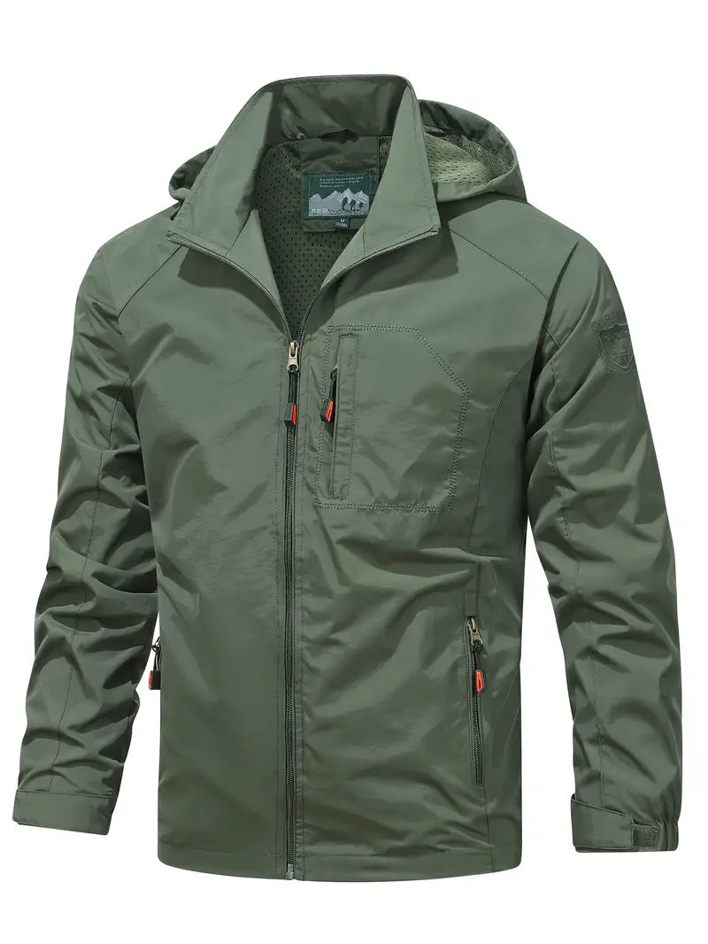 Men's Lightweight Hooded Windbreaker Jacket with Zip Pockets for Outdoors Green