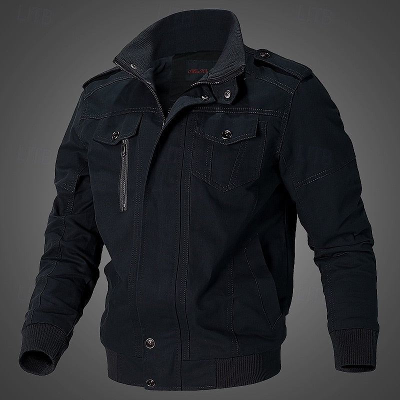 Men's Khaki Cotton Field Jacket with Stand Collar and Zip-Up Closure Black