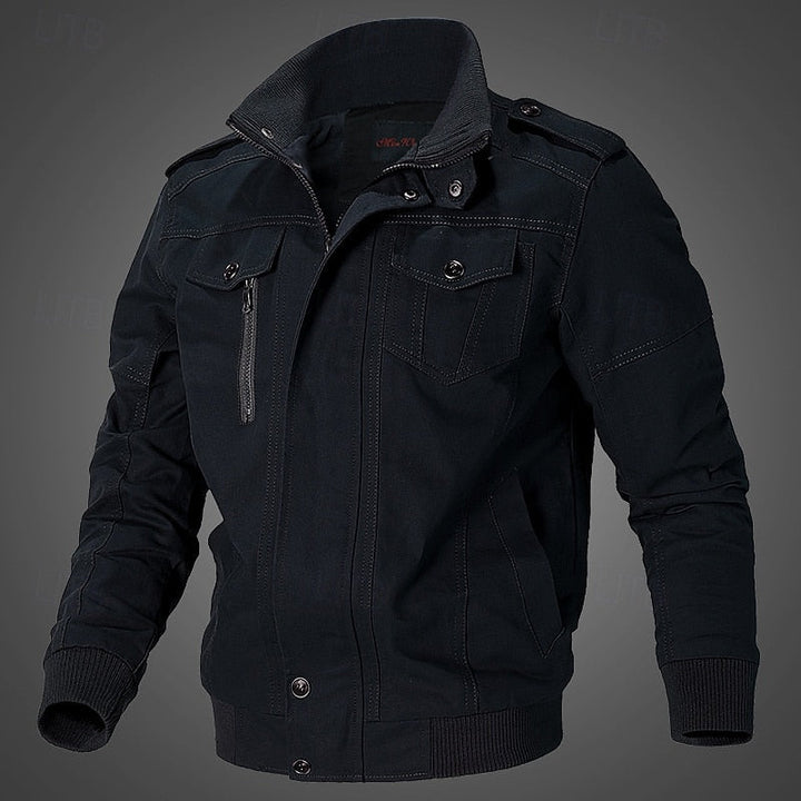 Men's Khaki Cotton Field Jacket with Stand Collar and Zip-Up Closure Black