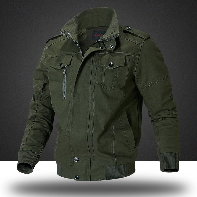 Men's Khaki Cotton Field Jacket with Stand Collar and Zip-Up Closure Army Green