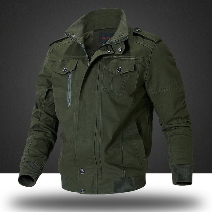 Men's Khaki Cotton Field Jacket with Stand Collar and Zip-Up Closure Army Green