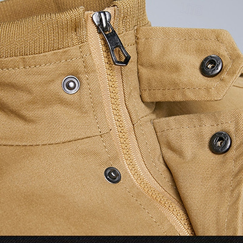 Men's Khaki Cotton Field Jacket with Stand Collar and Zip-Up Closure