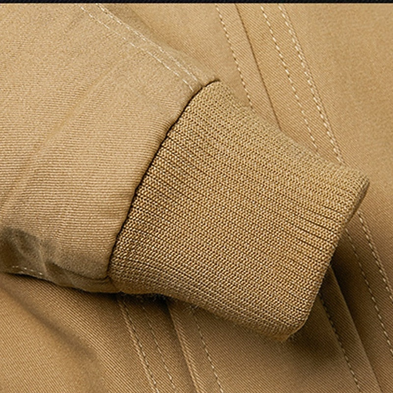 Men's Khaki Cotton Field Jacket with Stand Collar and Zip-Up Closure