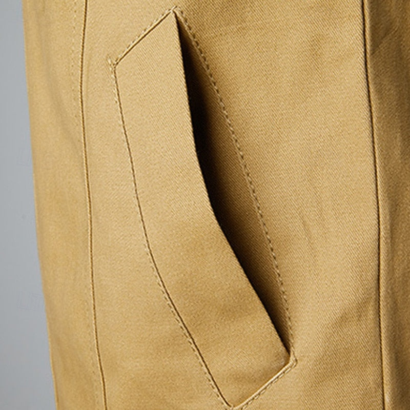 Men's Khaki Cotton Field Jacket with Stand Collar and Zip-Up Closure