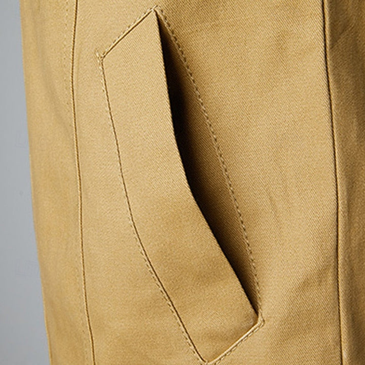 Men's Khaki Cotton Field Jacket with Stand Collar and Zip-Up Closure
