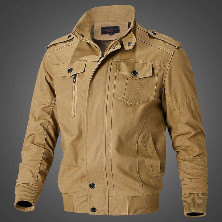 Men's Khaki Cotton Field Jacket with Stand Collar and Zip-Up Closure Khaki