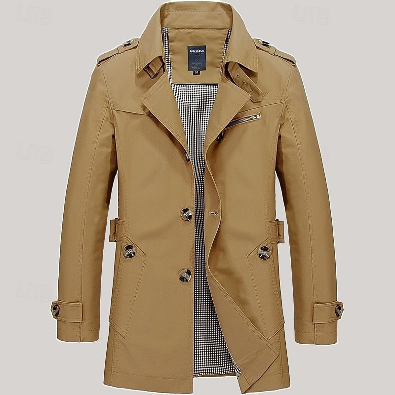 Men's Cotton Trench Coat Single-Breasted Notch Lapel Mid-Length Jacket