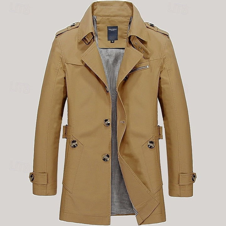 Men's Cotton Trench Coat Single-Breasted Notch Lapel Mid-Length Jacket