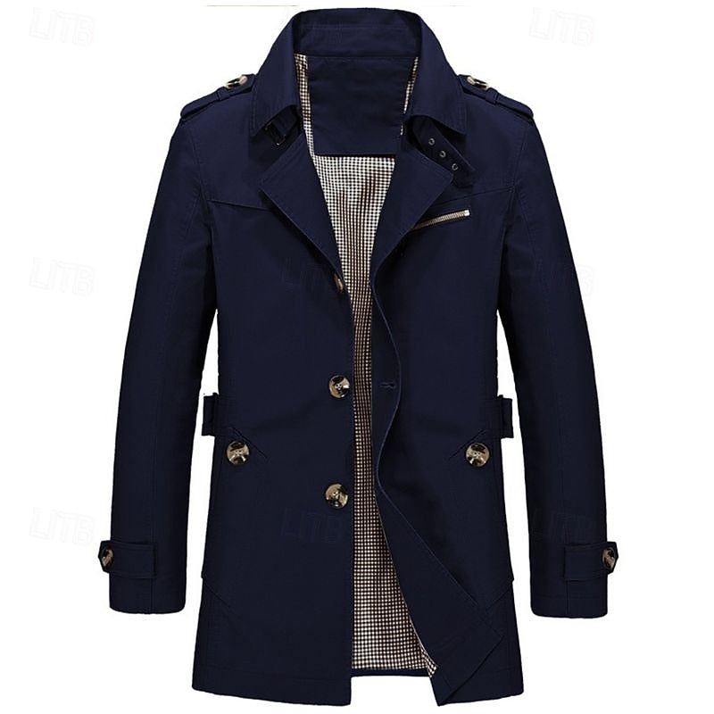 Men's Cotton Trench Coat Single-Breasted Notch Lapel Mid-Length Jacket Navy Blue