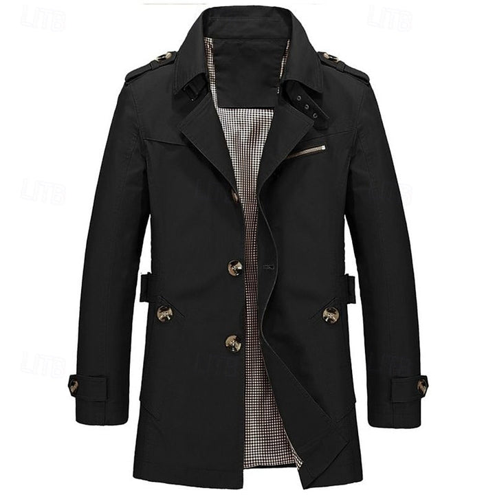 Men's Cotton Trench Coat Single-Breasted Notch Lapel Mid-Length Jacket Black