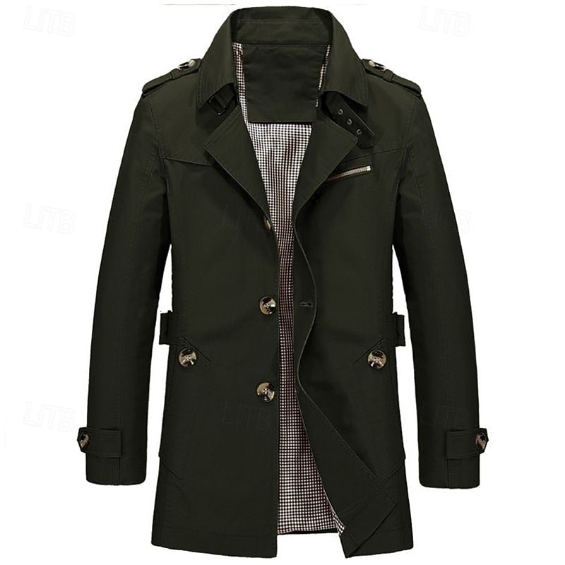 Men's Cotton Trench Coat Single-Breasted Notch Lapel Mid-Length Jacket Army Green