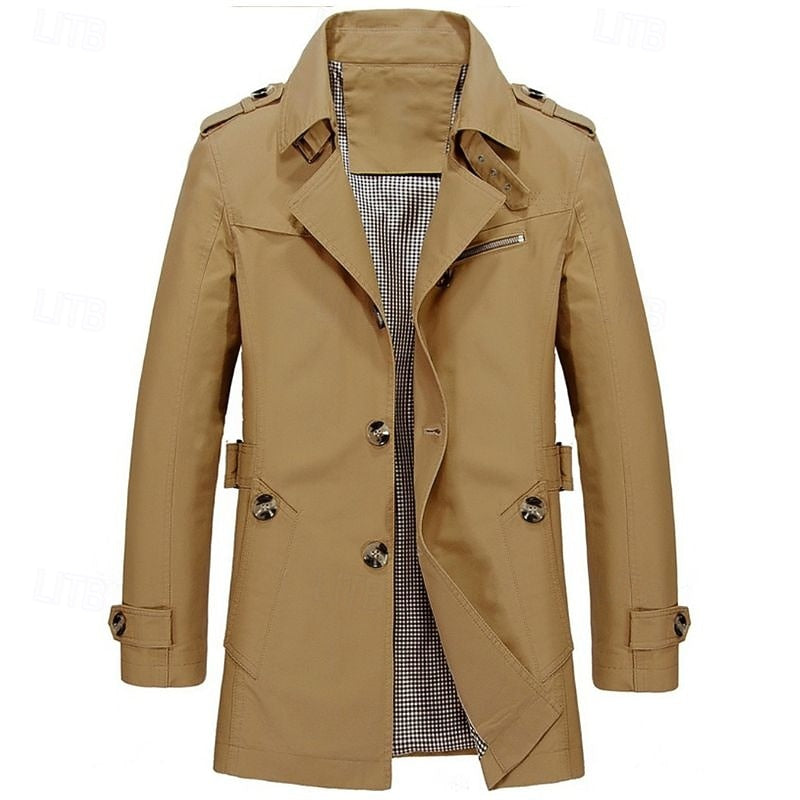 Men's Cotton Trench Coat Single-Breasted Notch Lapel Mid-Length Jacket Khaki