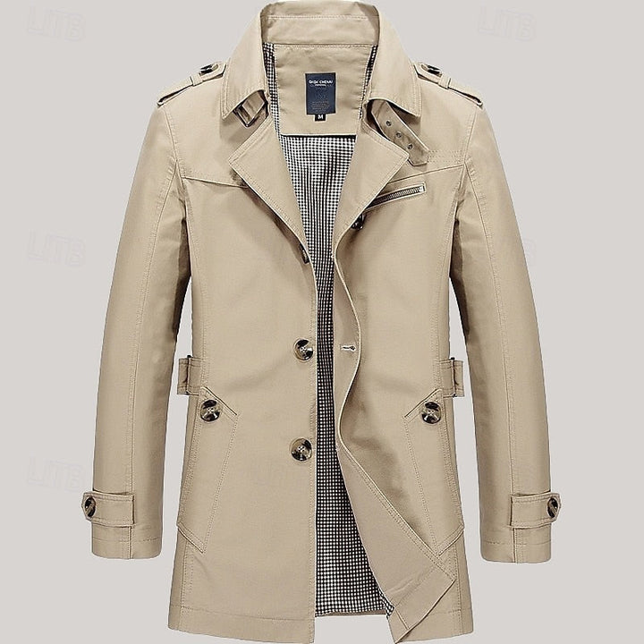 Men's Cotton Trench Coat Single-Breasted Notch Lapel Mid-Length Jacket