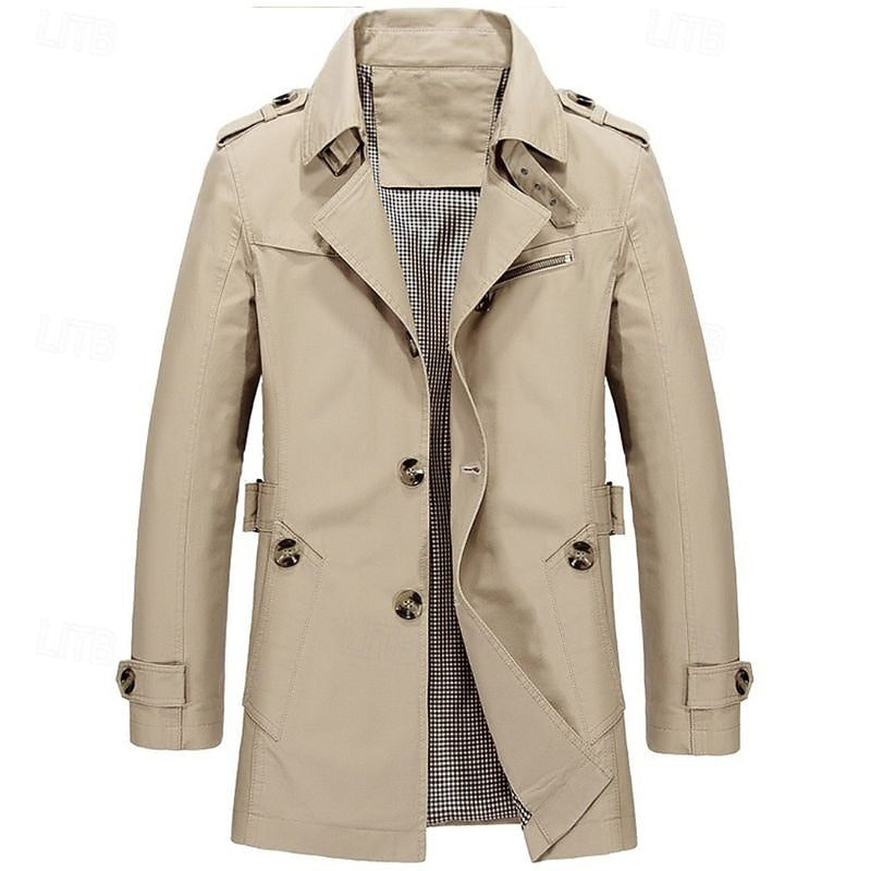 Men's Cotton Trench Coat Single-Breasted Notch Lapel Mid-Length Jacket