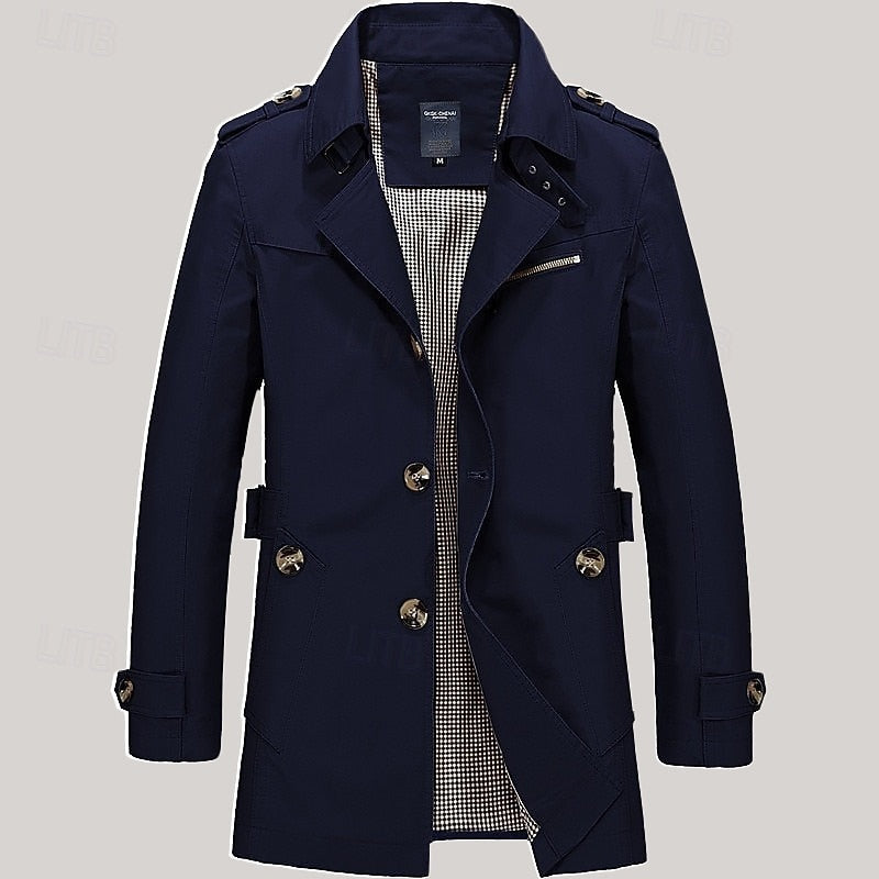 Men's Cotton Trench Coat Single-Breasted Notch Lapel Mid-Length Jacket