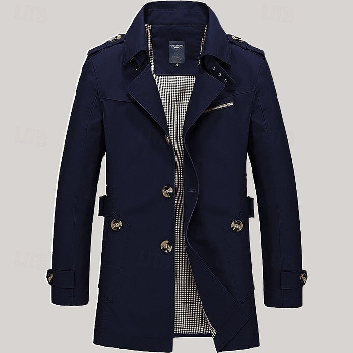 Men's Cotton Trench Coat Single-Breasted Notch Lapel Mid-Length Jacket
