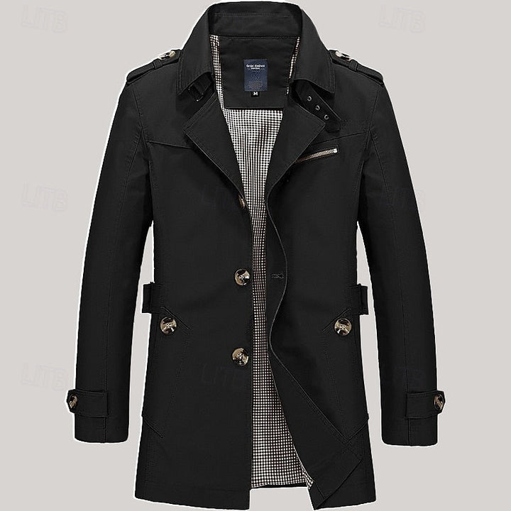 Men's Cotton Trench Coat Single-Breasted Notch Lapel Mid-Length Jacket