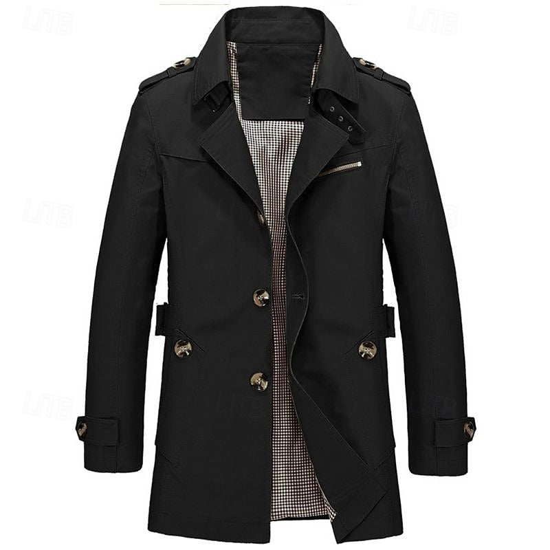 Men's Cotton Trench Coat Single-Breasted Notch Lapel Mid-Length Jacket