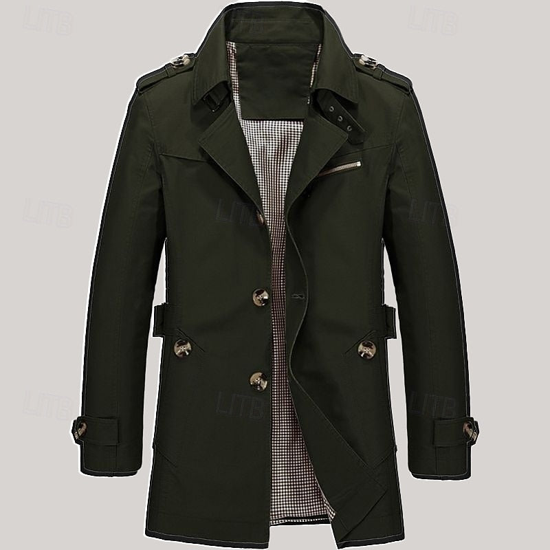 Men's Cotton Trench Coat Single-Breasted Notch Lapel Mid-Length Jacket