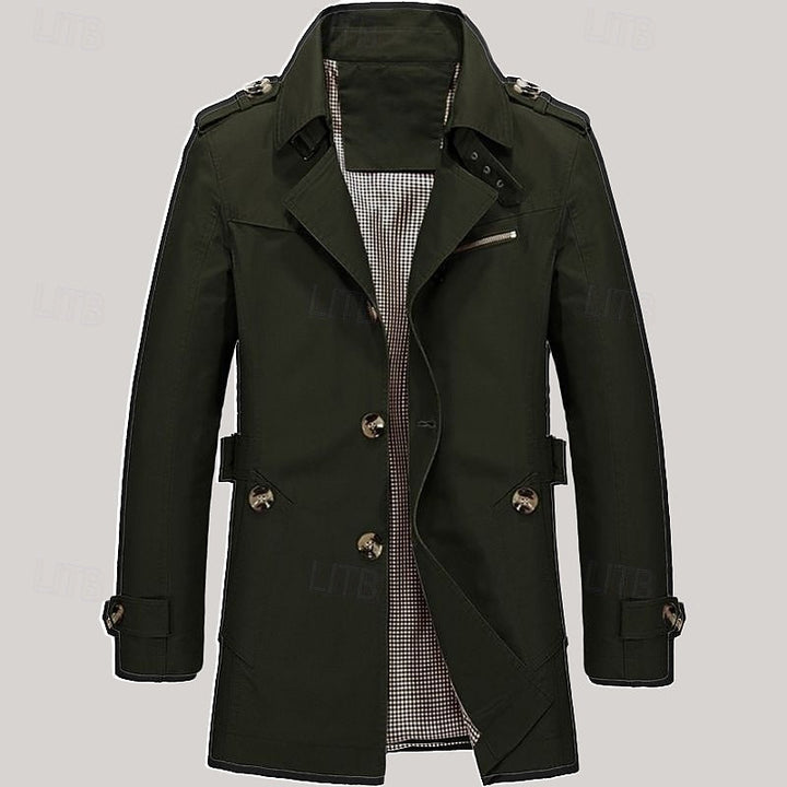Men's Cotton Trench Coat Single-Breasted Notch Lapel Mid-Length Jacket