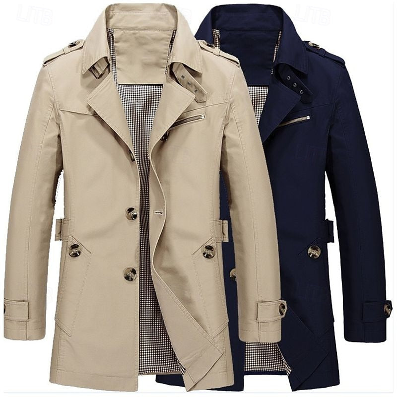 Men's Cotton Trench Coat Single-Breasted Notch Lapel Mid-Length Jacket