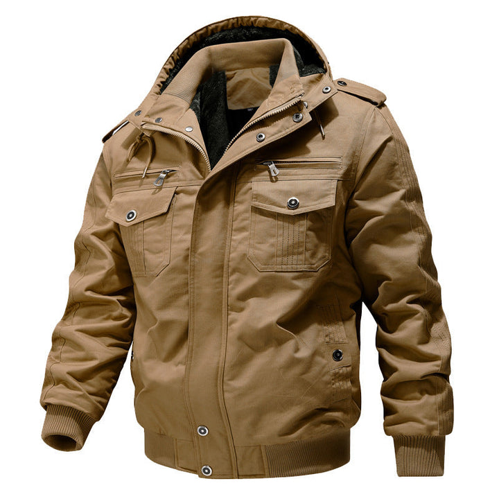 Men's Hooded Field Jacket with Sherpa Lining and Cargo Pockets Khaki