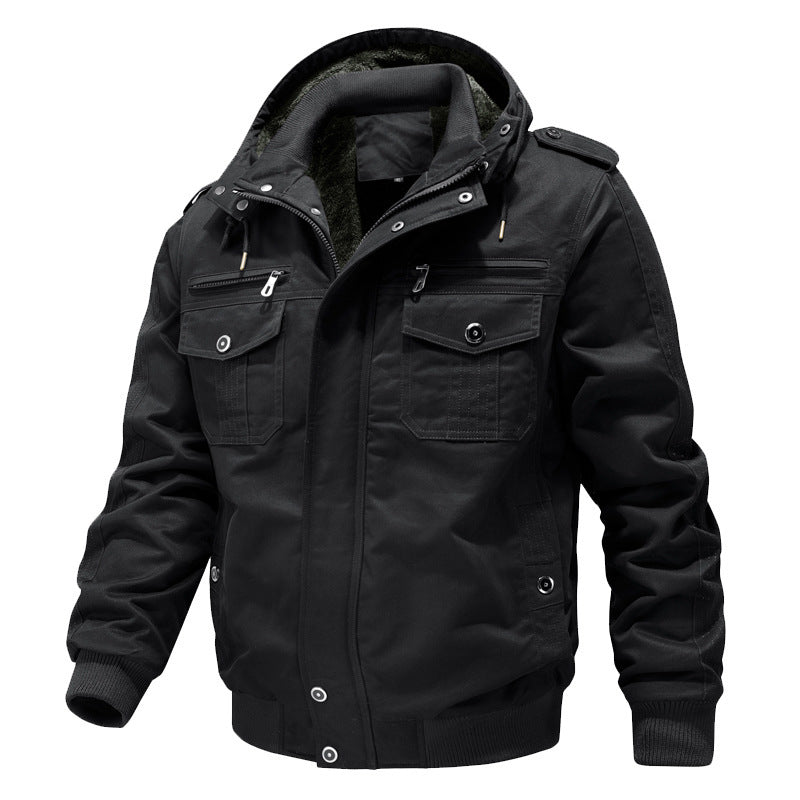 Men's Hooded Field Jacket with Sherpa Lining and Cargo Pockets Black
