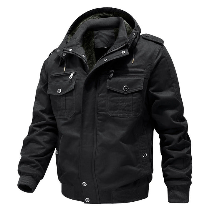 Men's Hooded Field Jacket with Sherpa Lining and Cargo Pockets Black