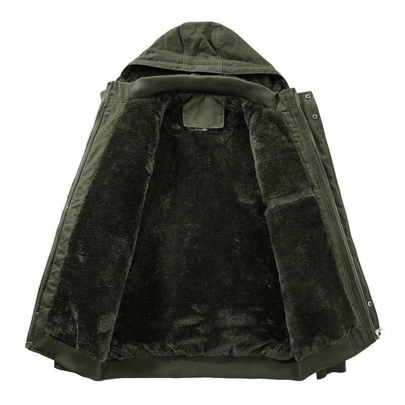Men's Hooded Field Jacket with Sherpa Lining and Cargo Pockets