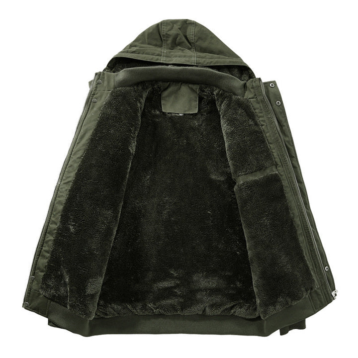 Men's Hooded Field Jacket with Sherpa Lining and Cargo Pockets