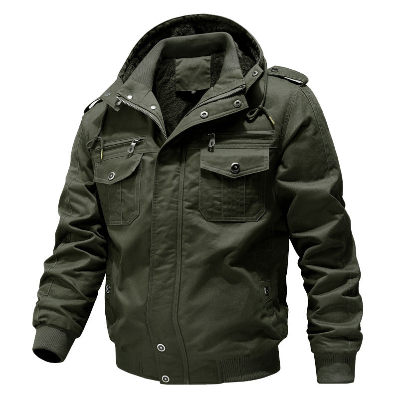 Men's Hooded Field Jacket with Sherpa Lining and Cargo Pockets Green