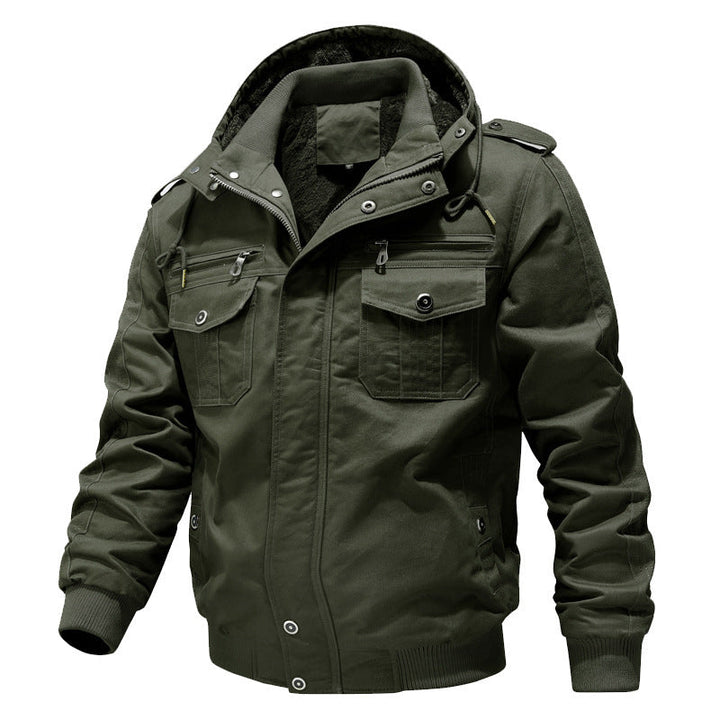 Men's Hooded Field Jacket with Sherpa Lining and Cargo Pockets Green