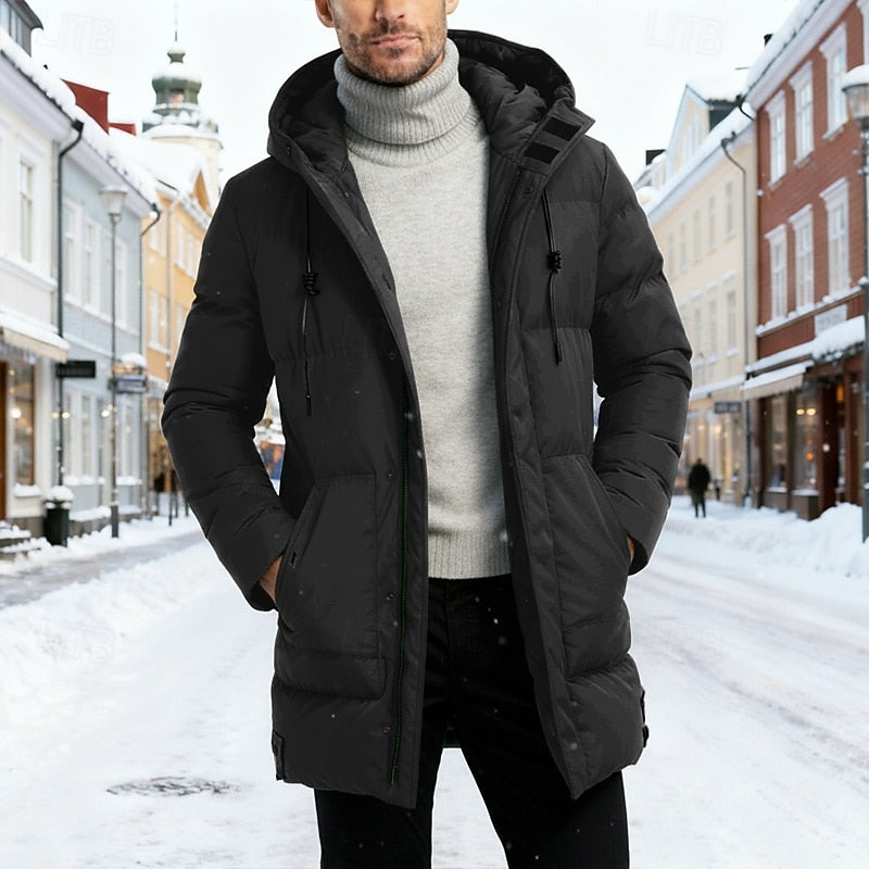Men's Insulated Hooded Longline Winter Coat - Warm Casual Outerwear